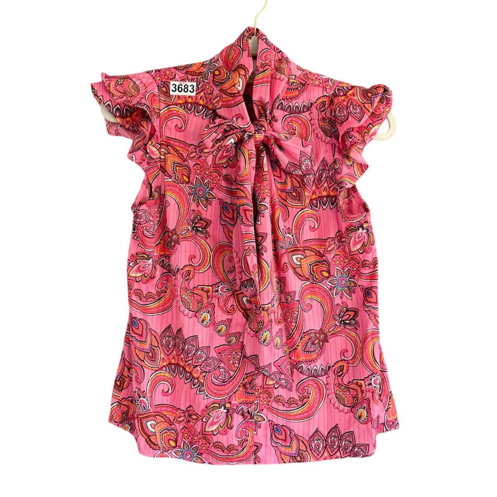 Joie Paisley Print Flutter Sleeve Tie Neck Boho Blouse Top Women's XS Pink